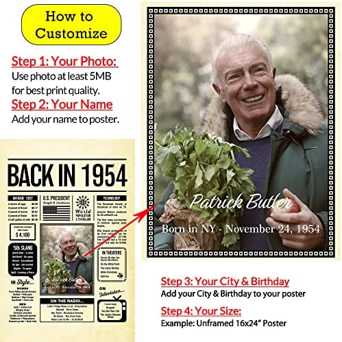 Personalized 71 year old birthday gifts - Back in 1954 Poster - Centerpiece Table Decorations 71st Birthday Party - Custom Born in 1954 Newspaper Vintage Poster for Men, Women