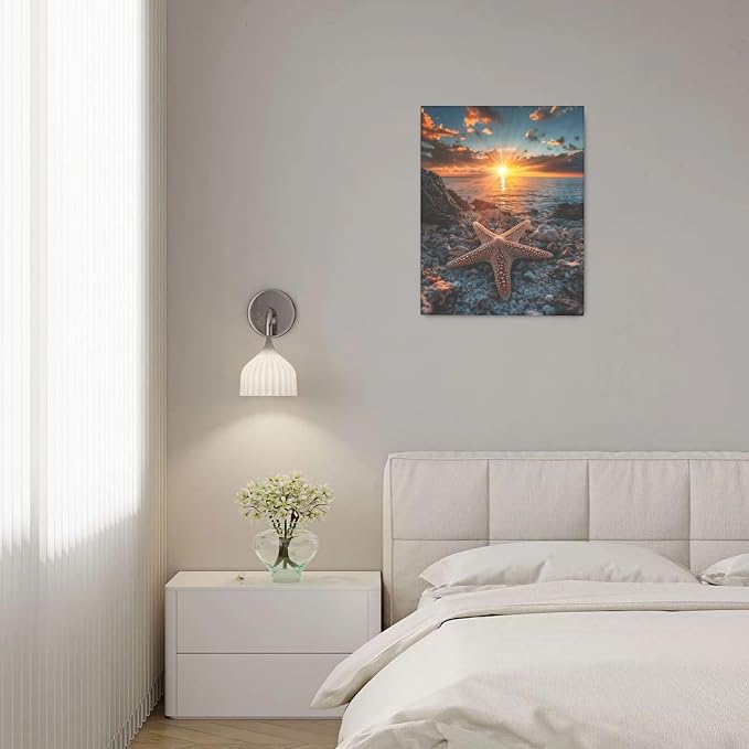 Beach Starfish Wall Decor Ocean Starfish Wall Art Sunset Scenery Coastal Theme Pictures Canvas Nature Seascape Painting Print Framed Artwork Decorations for Home Bathroom Living Room Bedroom Office 16"x20"