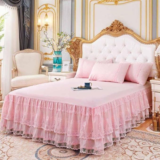 Double Lace Bed Skirt for King Bed - 17in. Drop, Easy Fit Ruffle Bedskirt Wrap Around Bed Skirt, Anti Wrinkle & Fade Resistant