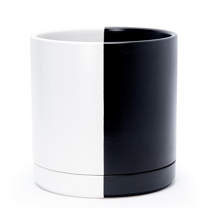 D'vine Dev 10 Inch Ceramic Planter Pot, Black White Split, 94-O-E-0 | Modern Cylinder Design, Drainage Hole & Saucer Included, Stable Structure, Elegant Home Accent