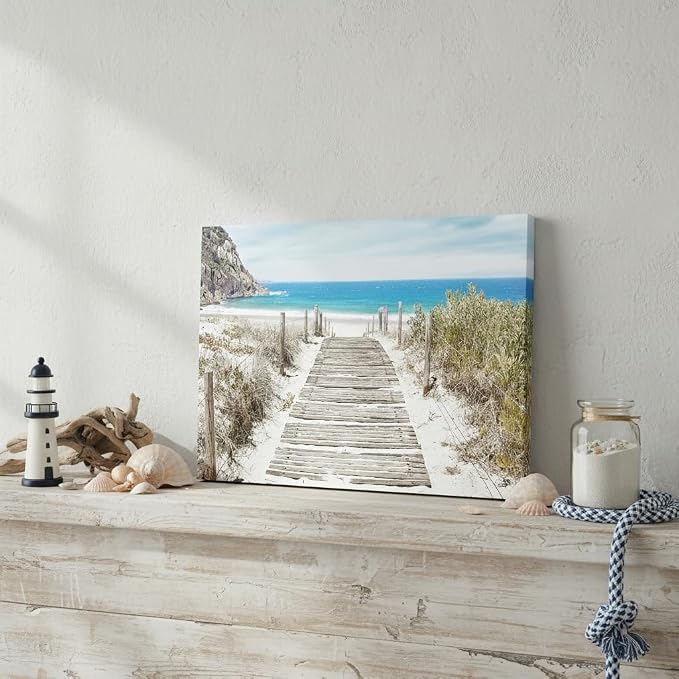 Bathroom Wall Art Beach Picture: Modern Ocean View Sea Canvas Artwork Decor Contemporary Coastal Scene Wave Seascape Painting Horizontal Scenic Nature Landscape Seaside Boardwalk Prints for Living
