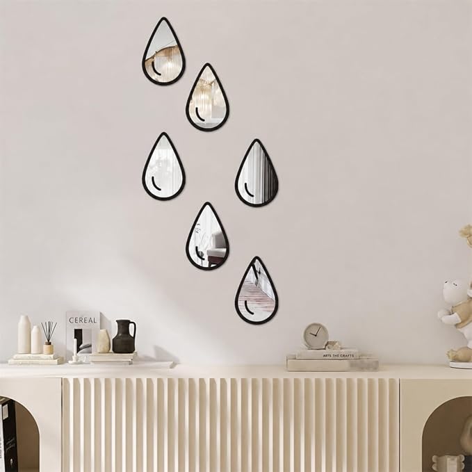 1 Set 6pcs Teardrop Mirror Wall Stickers, Self Adhesive Decorative Mirror Tiles, 5.9 x 3.5 Inch Water Drop Wall Mirror Decor for Bedroom Bathroom Living Room Entryway Modern Boho Accent