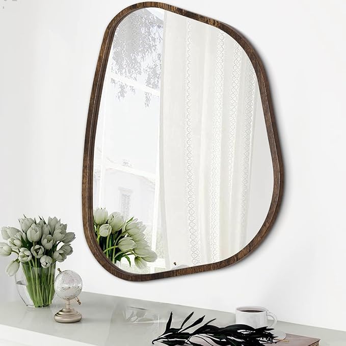 Asymmetrical Accent Mirror for Wall Irregular Oval Wood Frame Modern Unique Wall Mirror Decorative Boho Vanity Bathroom Living Room Bedroom Entryway Hallway Artistic Wavy Mirror Large 26"x18"