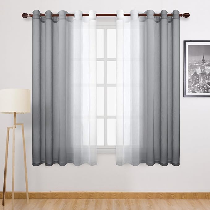 DWCN Grey Ombre Faux Linen Short Sheer Curtains - Extra Wide Gradient Semi Voile Light Filtering Grommet Top Bedroom and Living Room Curtains, 60 x 63 Inches Long, Set of 2 Window Curtain Panels