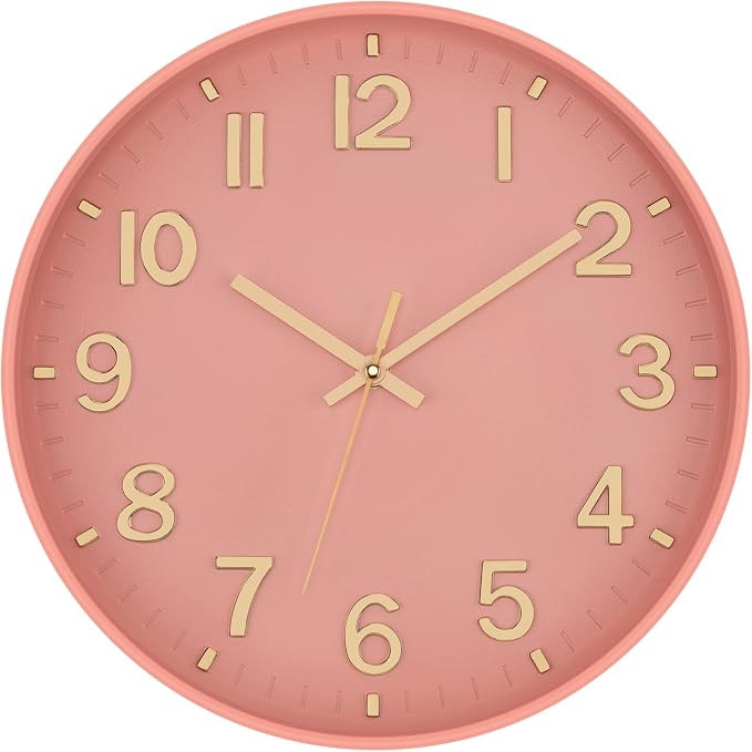 Lumuasky Wall Clock Pink Modern 12 Inch Battery Operated Silent Non-Ticking Decorative Clock for Living Room Bedroom Office Kitchen School Classroom Nursery Decor, 3D Numbers Easy to Read