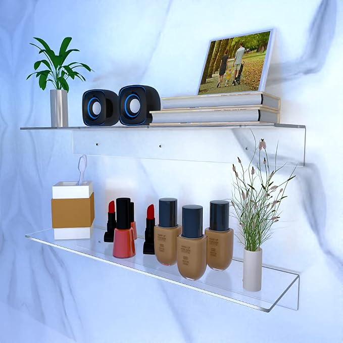 Sezanrpt 24 Inches Clear Floating Shelves for Wall, Acrylic Long Wall Shelf, Wall Mounted Shelves for Plants, Speaker, Radio, Funko Pop, Stuffed Animal, Books, Cosmetics, Toiletries, 2 Pack (24 Inch)