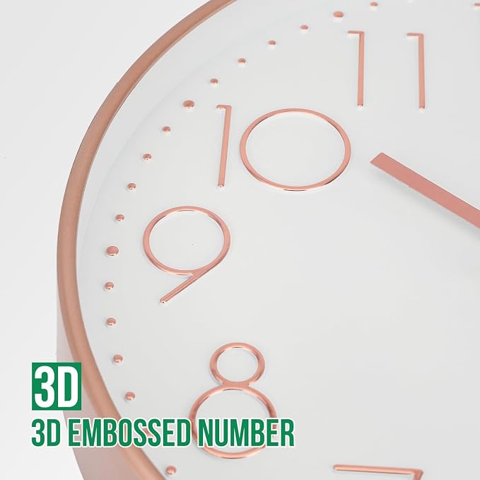 Wall Clock 12 Inch Non-Ticking Silent Modern Simple Style Round Decor Clock Rose Gold Stereoscopic Dial Quartz Wall Clocks for Home/Office/School/Living Room/Bedroom/Kitchen