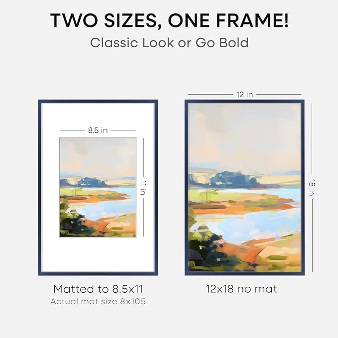 Homeforia 12x18 Blue Picture Frame, High-End Metal, 8.5x11 Mat, Glass