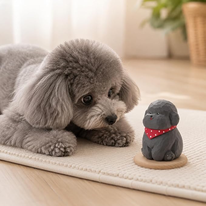 Hand-Carved Wooden Gray Teddy Dog Figurine, 2.7" Gray Puppy Statue with Base for Car Dashboard, Desk & Home Decor, Gift for Dog Lovers