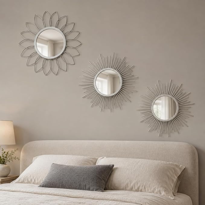 Silver Sunburst Mirror 14x14 Inch, Decorative Wall Accent with Metal Frame, Small Sun Mirror for Living Room, Bedroom, Entryway, Hallway, Boho Modern Home Decor