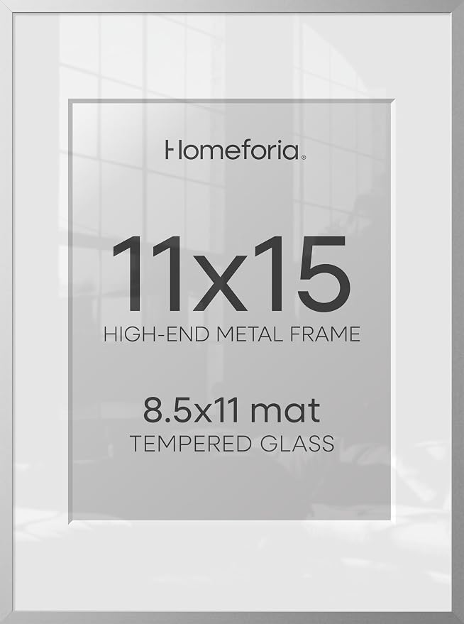 Homeforia 11x15 Silver Picture Frame, High-End Metal, 8.5x11 Mat, Glass