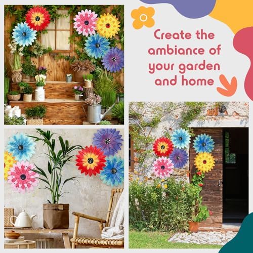 Zhehao 6 Pcs Metal Flower Wall Art Decor 10 Inch Sunflower Wall Decorations Hanging Outdoor Art Multicolored Handmade Metal Flowers Outdoor Decor(Cute Color)
