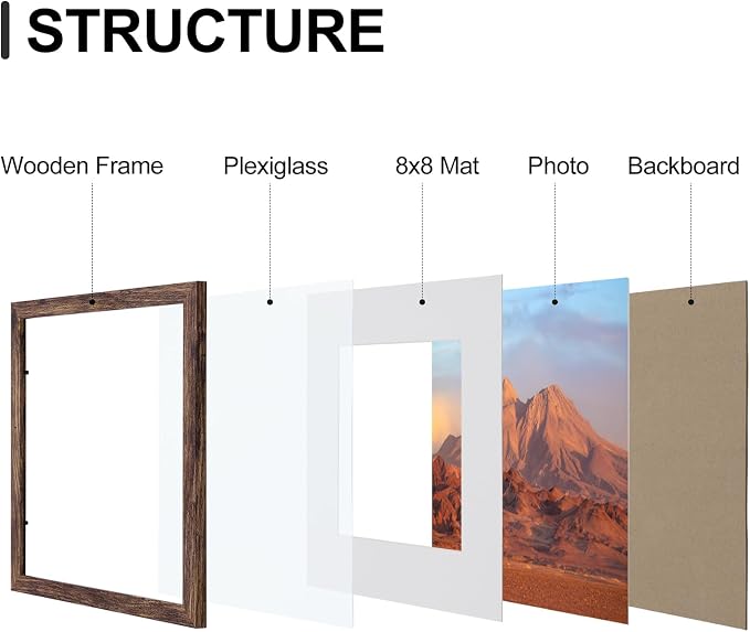 Vittanly 12x12 Picture Frames Set of 9, Shatter Resistant Plexiglass, Display 8x8 Pictures with Mat or 12x12 without Mat, Photo Frames for Wall Mount, Engineered Wood, Brown | Display Pictures 8x8 with Mat or 12x12 without Mat for Wall Mounting, Square...