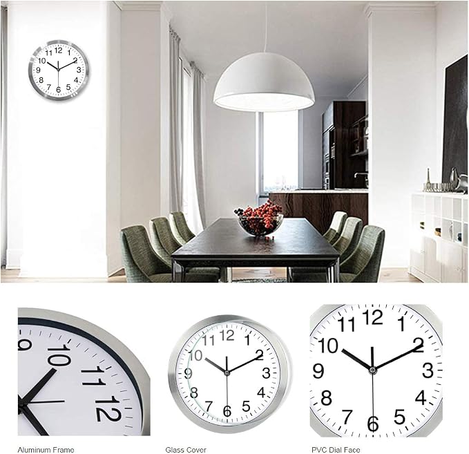 SIN&MI Wall Clock Metal Frame Glass Cover Non-Ticking Number Quartz Wall Clock 12inch Modern Quartz Design Decorative Indoor/Kitchen Silver