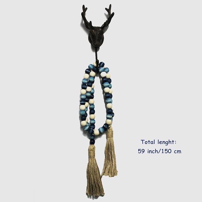 CVHOMEDECO. Wood Beads Garland with Tassels Farmhouse Rustic Wooden Prayer Bead String Wall Hanging Accent for Home Festival Decor. Blue Mix Distressed