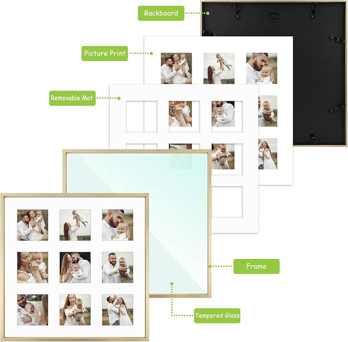 Golden State Art 16x16 Collage Frame w/Mat for 9 4x4 Photos Gold 1 Pack