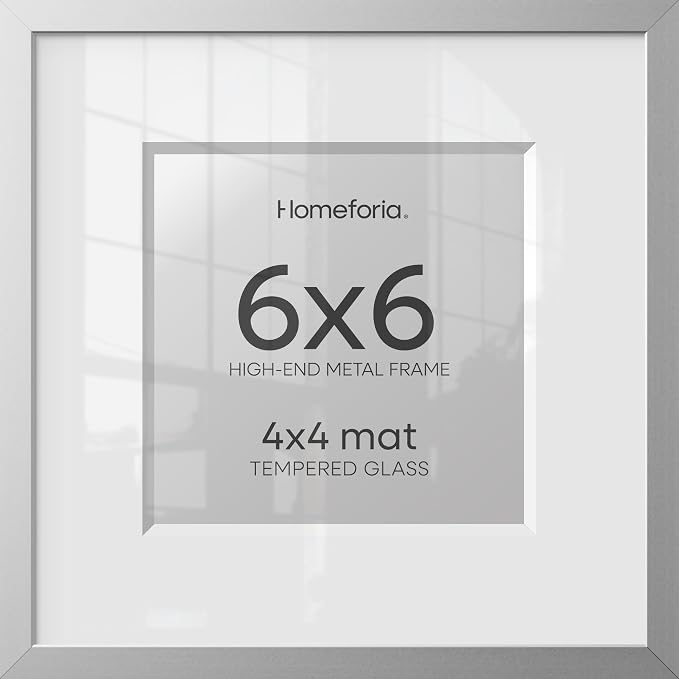 Homeforia 6x6 Silver Picture Frame, High-End Metal, 4x4 Mat, Glass