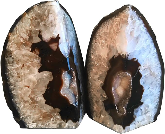 Natural Agate Bookends Heavy Geode Stone Book End Holders Decorative | Polished Stone Book Stoppers Supports Home Office Decor with Rubber Bumpers Natural Black 1 Pair, 3-4 LBS
