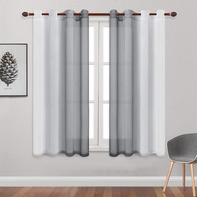 DWCN Grey Ombre Sheer Curtains - Faux Linen Semi Voile Gradient Bedroom and Living Room Curtains, Set of 2 Grommet Top Window Drape Panels, 52 x 63 Inch Length