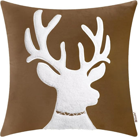 BRAWARM Christmas Pillow Cover 20 X 20 Inches, Brown Reindeer Embroidered Pillow Cover, Soft Velvet Decorative Throw Pillow for Couch Bed Sofa Living Room Home