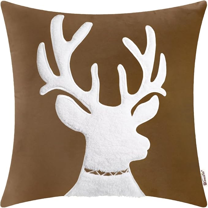 BRAWARM Christmas Pillow Cover 18 X 18 Inches, Brown Reindeer Embroidered Pillow Cover, Soft Velvet Decorative Throw Pillow for Couch Bed Sofa Living Room Home