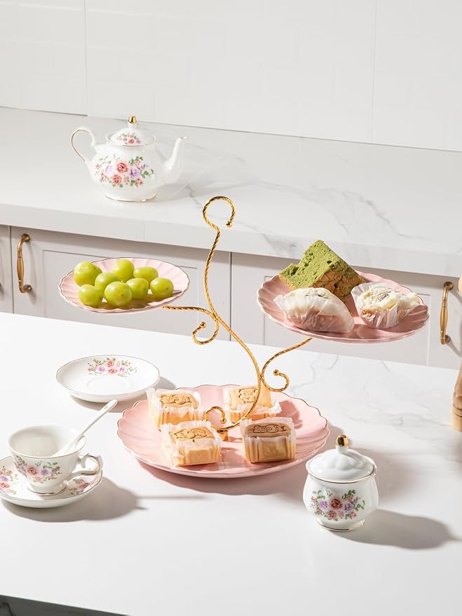 Sweejar 3 Tier Ceramic Cake Stand Wedding, Dessert Cupcake Stand for Tea Party Serving Platter (Milk Pink)
