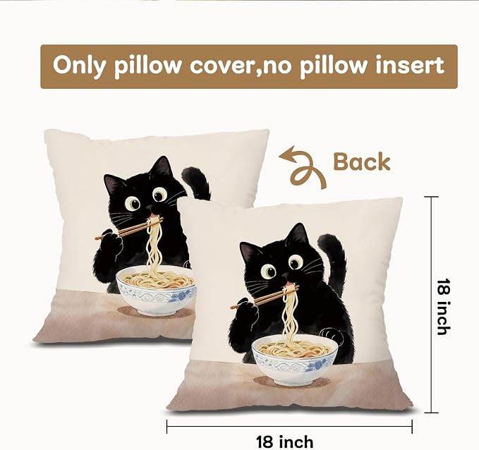 Funny Black Cat Pillow Covers 18x18, Cat Mom Lovers Lady Gifts for Women, Black Kitten Eating Noodle Decorative Throw Pillow Covers Pillowcases for Home Bedroom Living Room Decor