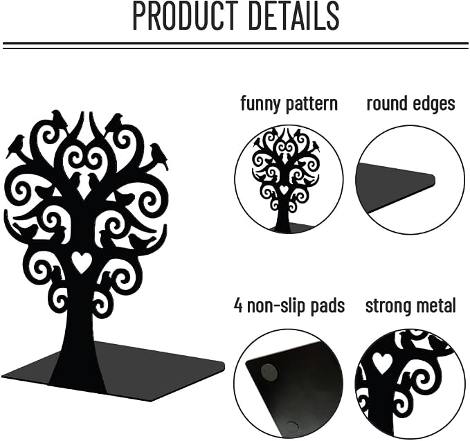 WADORN 1 Pair Branches Bird Metal Decorative Bookend for Shelves, Heavy Duty Book Ends Modern Non-Skid Books Holder Stand Black Book Support Stoppers for Desk Bookshelf Office Home, 5.3x4.3x7.9 Inch