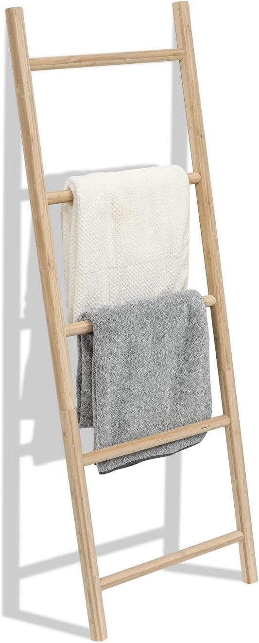 FUIN Blanket Ladder, 57in Rustic Bamboo Decor Quilt Display Rack | 5 rungs, farmhouse living room holder, organize clothing and scarf, leaning wall, bathroom and bedroom use