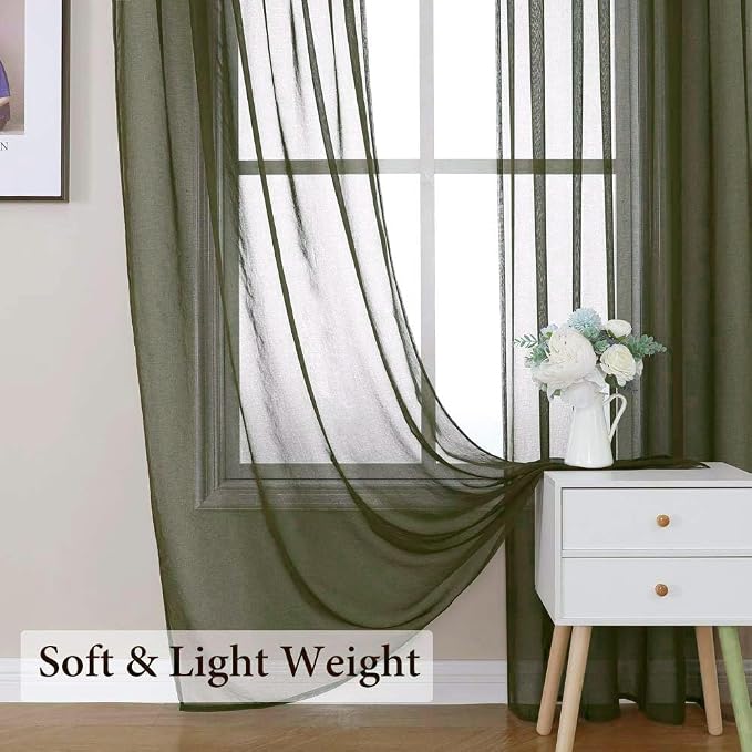 MIULEE Olive Green Linen Textured Semi-Sheer Curtains 42W×45L Kitchen | Semi Transparent, Farmhouse, Window Net Panels with Rod Pocket for Bedroom Living Room