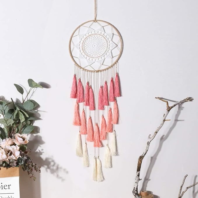 Artilady Macrame Dream Catcher Wall Hanging, Pink Large Boho Bedroom Decor