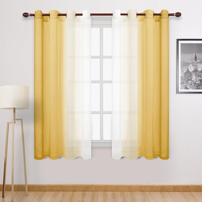 DWCN Ombre Sheer Curtains - Faux Linen Semi Voile Gradient Light-Filtering Bedroom and Living Room Curtains, Set of 2 Grommet Top Window Drape Panels, 52 x 72 Inch Length, Mustard Yellow