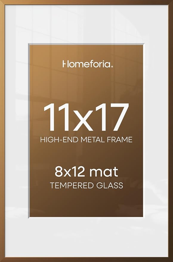 Homeforia 11x17 Bronze Picture Frame, High-End Metal, 8x12 Mat, Glass