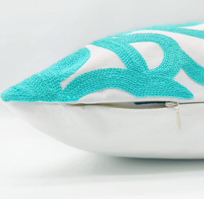 Alysheer Embroidered Decorative Throw Pillow Cover 18" x 18", Classic Modern Stylish Mandala Turquoise Embroidery Patterned Cotton Aqua Green Cushion Case for Sofa Couch Bed Living Room Decor