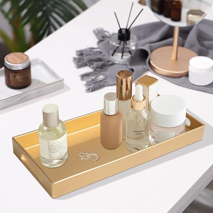 MAONAME Gold Vanity Tray Set of 2, Rectange Toilet Tank Trays with Handles