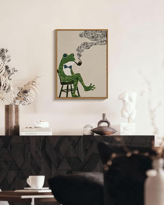 WHASAYART Funny Frog Canvas Wall Art, 12x16 Framed Vintage Animal Painting, Whimsical Frog Pipe with Bow Tie, Retro Surreal Wall Decor for Living Room Bedroom Office Bar Home