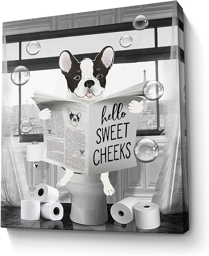 Parylore Funny Bulldog Wall Art Black and White Dog Bathroom Print Farmhouse Bathroom Animals Wall Decor Dog Sitting in Toilet Reading Newspaper Painting Framed Artwork for Toilet Bathroom 16x20 inch