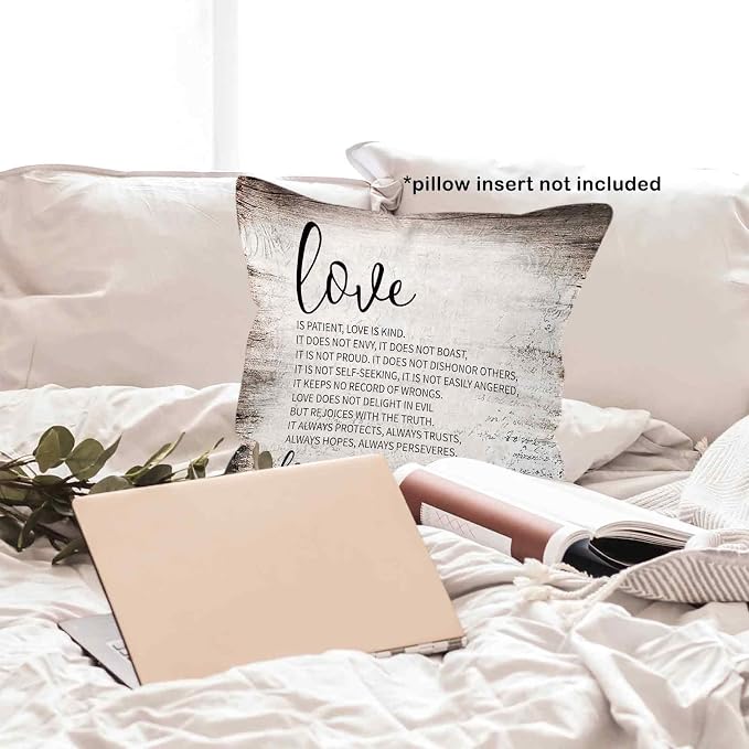 Vintage Christian Bible Verse Love is Patient Throw Pillow Covers 18x18, Rustic Scripture Corinthians Decor Pillow Cases for Farmhouse Bedroom Living Room, Religious Pillowcases for Couch Bed