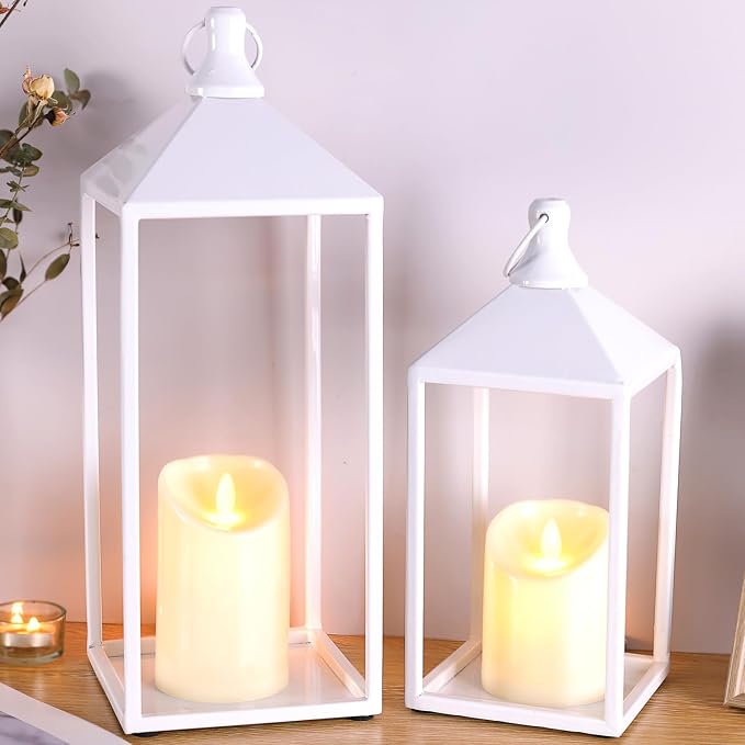2 Pcs Wedding Lanterns Decorative with Candles White Farmhouse Lanterns | Glass-free Metal Decorative Candle Lanterns for Wedding, Fireplace, Table Centerpiece, Indoor, Room, Valentine Decor