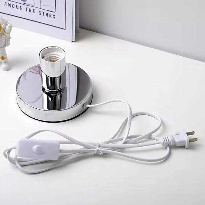 Simple Unique Lamp Base Only,Mini Bedside Table Lamp Bases,E26 Edison Light Bulb Stand Lamps for Small Spaces,Minimalist Desk Lamps Set w/ 5.8ft White Cord Switch Plug,No Bulb,Silver/Chrome,S
