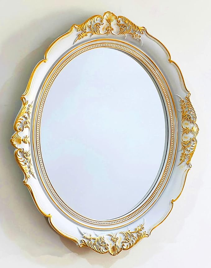 White Gold Trim Oval Mirror Decor Tray 15x13.4 Inch Wall Mounted Hook Vanity Organizer for Jewelry Cosmetics Dessert Photography Prop Bedroom Living Room