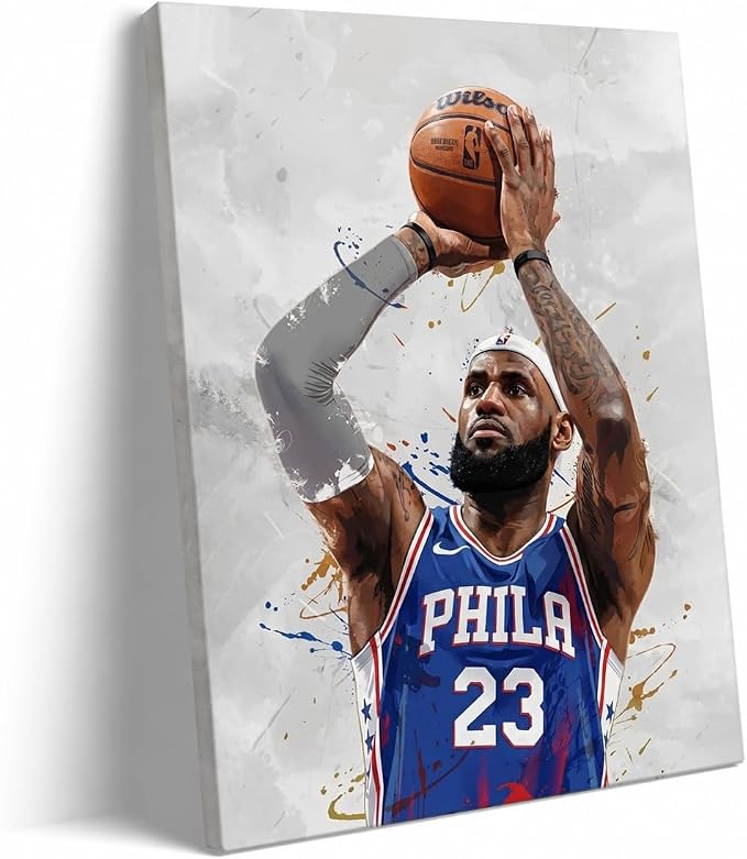 LeBron James Basketball Canvas Wall Art, Sports Player Poster, 24x30 Inch | Abstract splash ink athletic artwork, motivational sports wall decor for teen boys room, bedroom, living room, gym or office