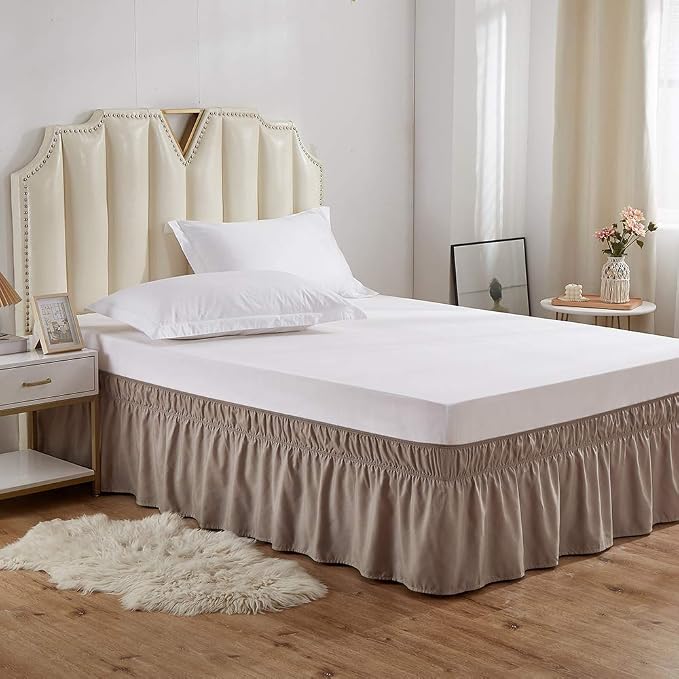 MEILA Wrap Around Elastic Bed Skirt for Queen & King Beds, 24" Drop,Taupe | Three-Side Adjustable Elastic Dust Ruffle, Ruffled Polyester Fabric, Easy to Install, Fade Resistant & Machine Washable