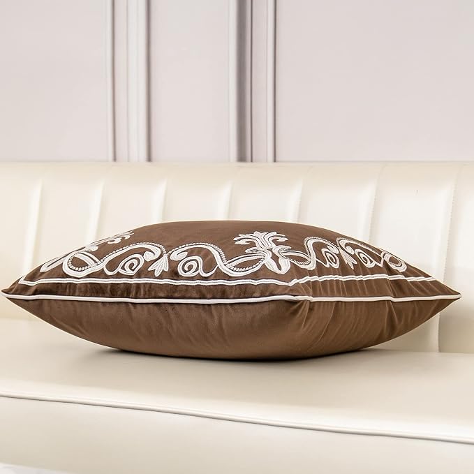 Aeckself European Floral Pillow Cover 18x18 Inch, Luxury Velvet Embroidered Decorative Throw Pillow Cover for Couch Bedroom Living Room, Brown and White
