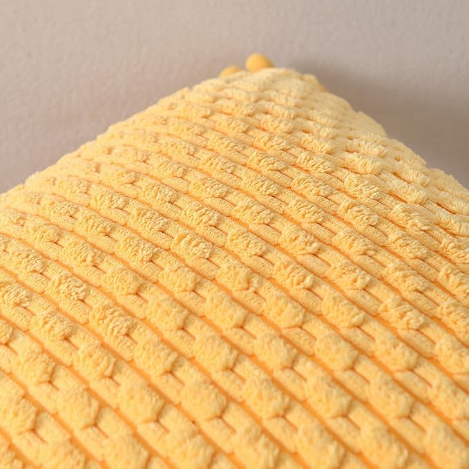 Fancy Homi Set of 2 Yellow Decorative Throw Pillow Covers 18x18 Inch with Pom-poms for Couch Bedroom Living Room, Modern Farmhouse Boho Spring Home Decor, Soft Corduroy Cute Cushion Case 45x45 cm