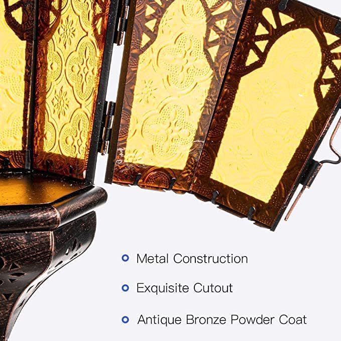 NEEDOMO Hanging Moroccan Lantern, 13.5'' Vintage Metal Candle Holder with 14.8" Chain, Ramadan Lanterns Decorative Indoor Outdoor for Home, Table, Patio, Porch, Christmas,Halloween, Spring (Amber)