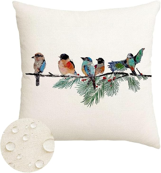 RABUSOFA Christmas Outdoor Pillow Covers Waterproof 18x18 Inch Birds Christmas Decorations Winter Throw Pillow Cases Xmas Birds Decor Decorative Pillows for Couch Holiday Teal