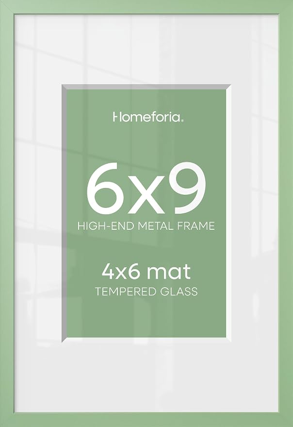 Homeforia 6x9 Green Picture Frame, High-End Metal, 4x6 Mat, Glass