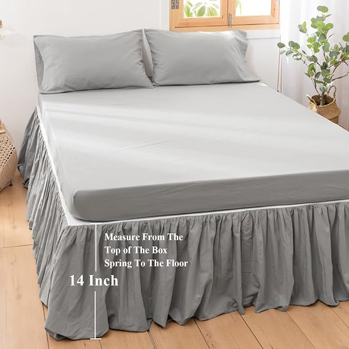 BISELINA French Linen Bed Skirt with Pleated Frills 14-Inch Tailored Drop Natural Flax Cotton Blend Dust Ruffle Soft Cozy Farmhouse Bedding (14" Full, Grey)