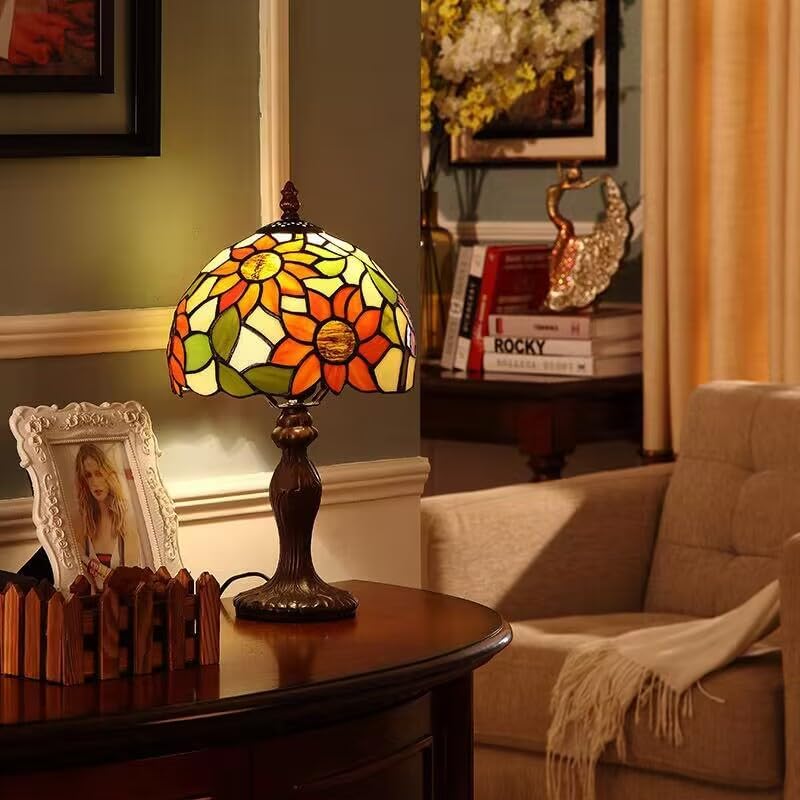 Tiffany Table Lamp,3 Color-Temperature Sunflower Stained Glass Lamp,8X8X15 Inch Small Accent Antique Nightstand Bedside Table Lamps for Bedroom Living Room Home Office Light +LED Bulb